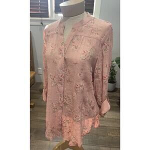 Fig & Flower Pink Embroidered Floral Button Up Tunic Semi Sheer Boho Roll Tab M